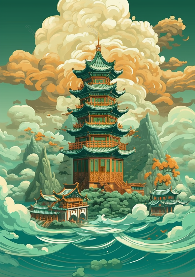 绿色中国风亭台楼阁山庄背景,插画/手绘图,插画/手绘图库,插画/手绘图下载,插画/手绘